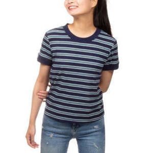 Hippie Rose Women's Juniors Striped Ribbed Trim Top, Navy, XL